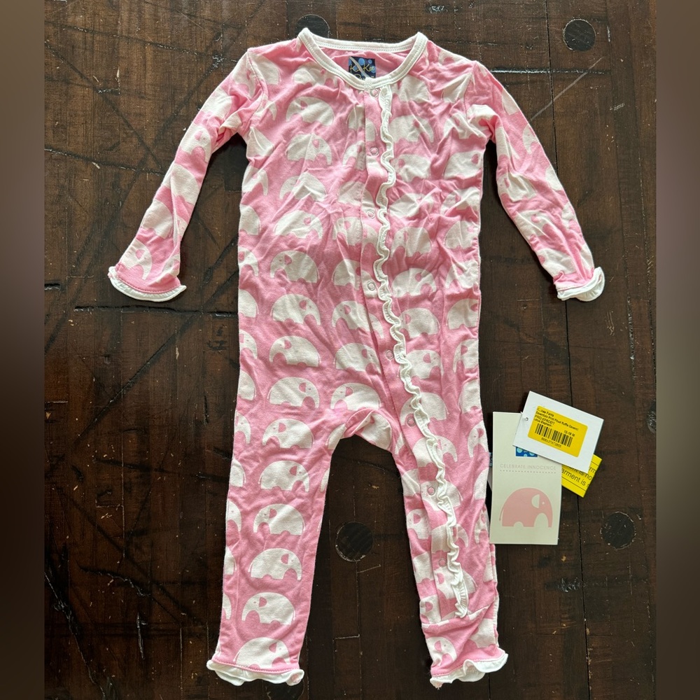 NWT size 12-18 months Kickee Pants snap ruffle coverall lotus pink elephant